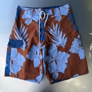 Brown and blue hibiscus floral Hawaiian Basix early 2000s board shorts